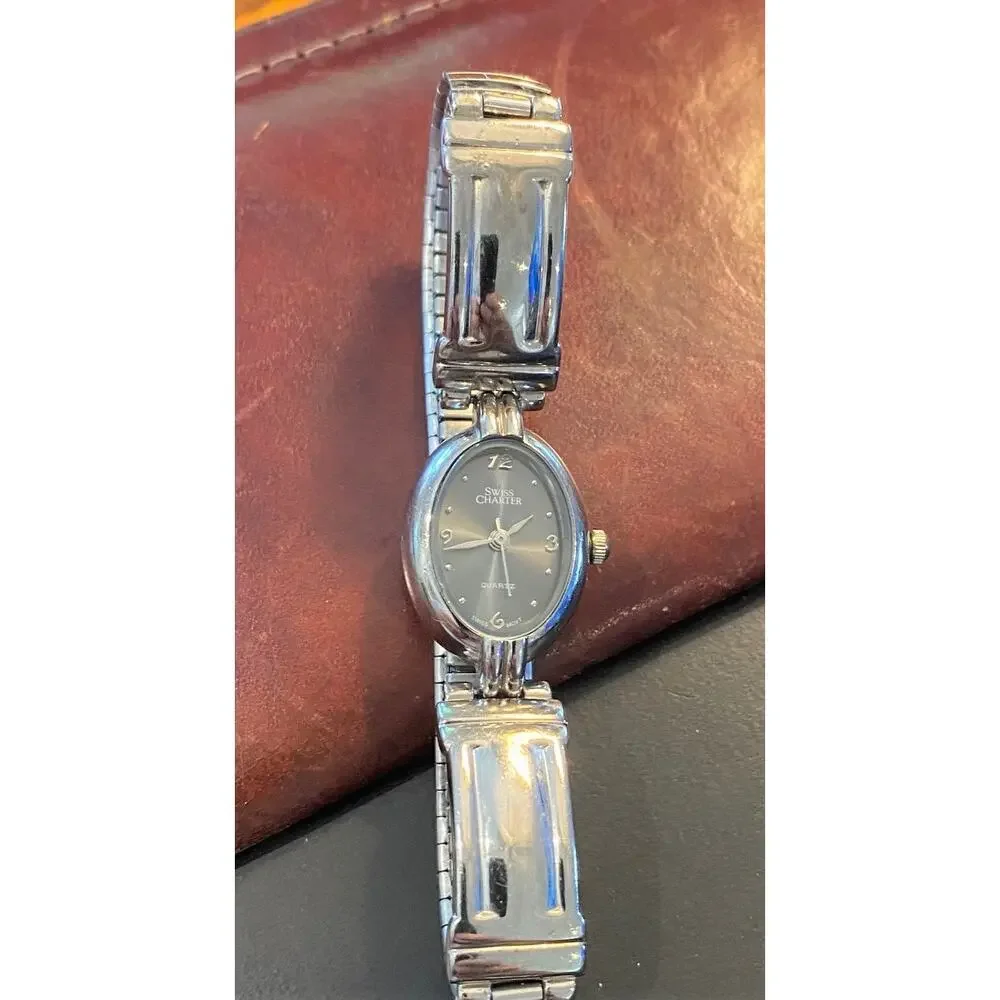 Women's 18mm Silver Tone swiss charter Watch, Black Face